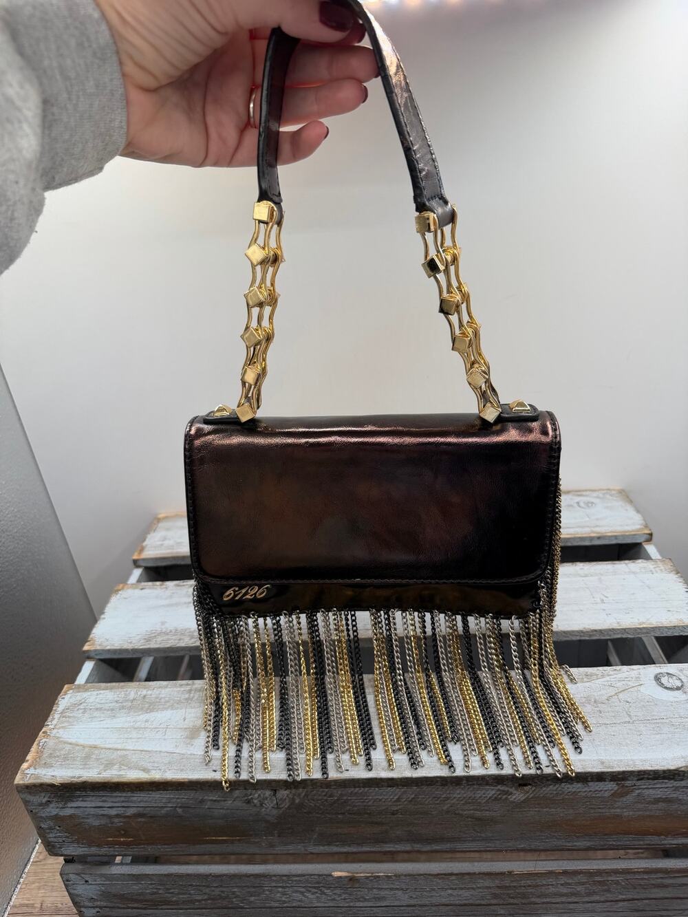 6126 Lindsay Lohan Metallic Bronze Leather Chain Fringe Flap Shoulder/ Dust Bag